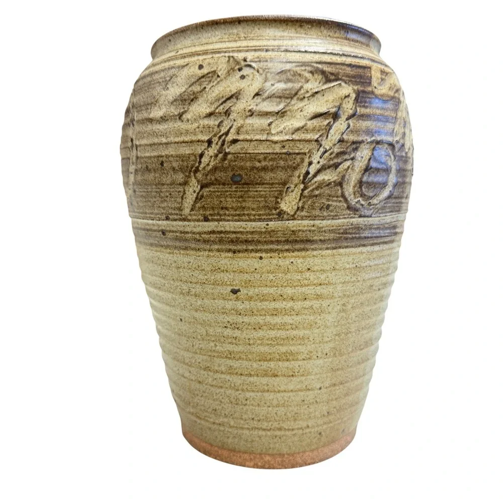 Vintage Studio Pottery Stoneware Vase Hand Carved Ribbed Earth Tones Signed 11in